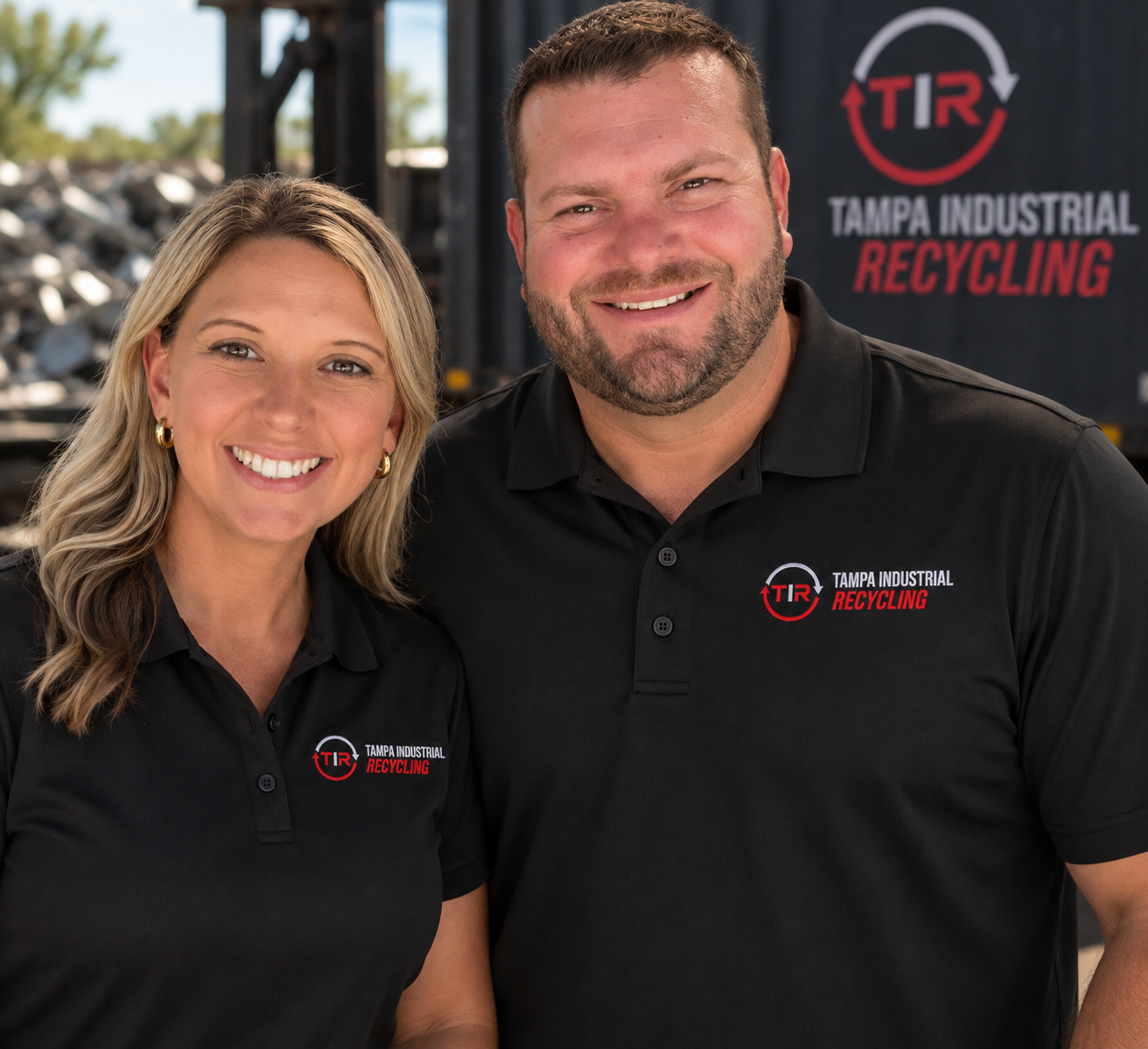 Aimee and Ryan Schipkowski, founders of Tampa Industrial Recycling, in front of a TIR container