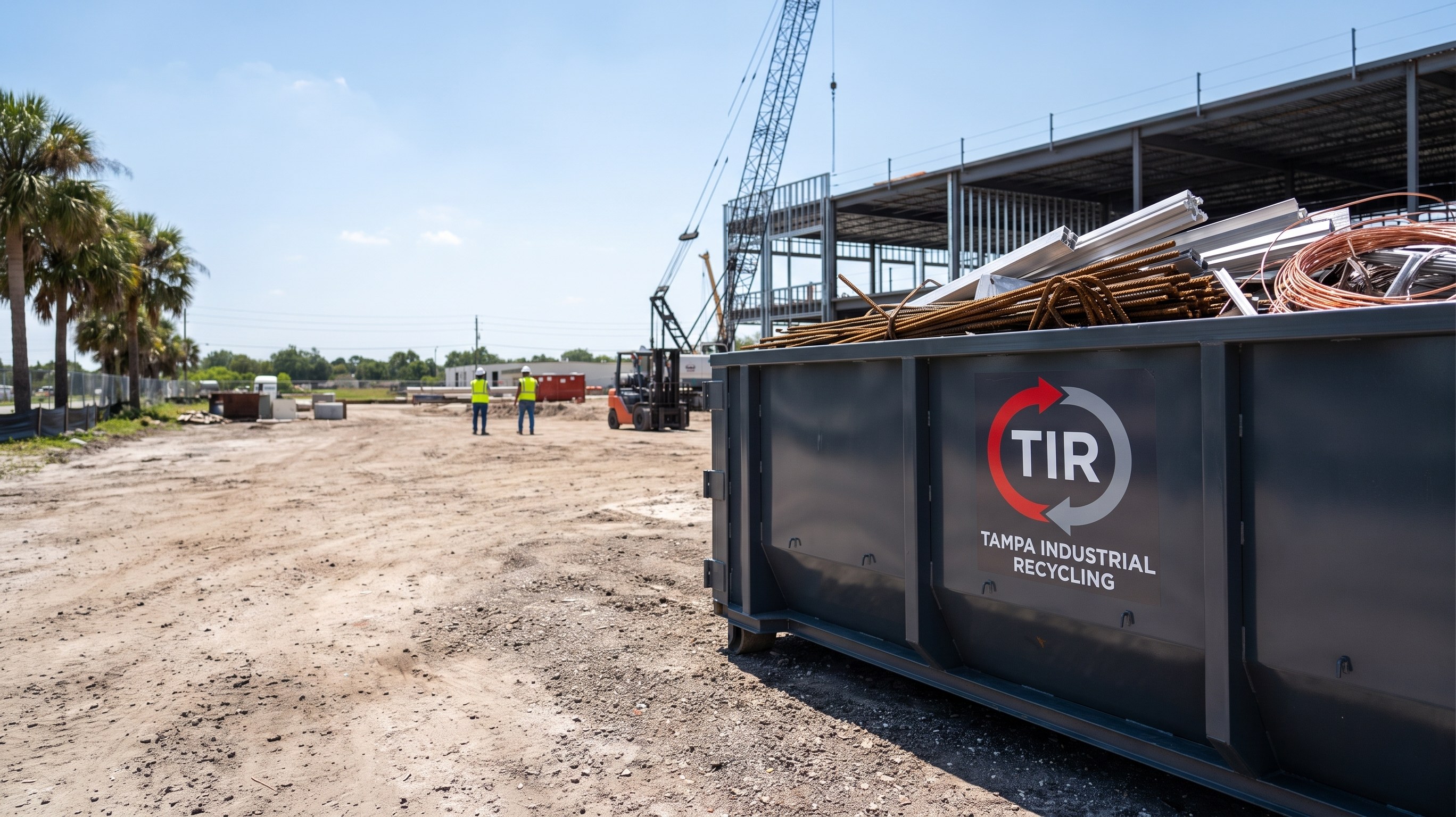 A TIR roll-off container loaded with rebar, aluminum and copper on a Florida commercial job site